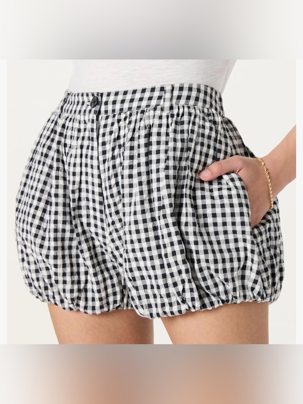 High-Waist Gingham Bubble Shorts - Black/White